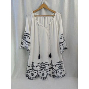 Chic Connection tunic mini dress, white & blue embroidered, women's small D18